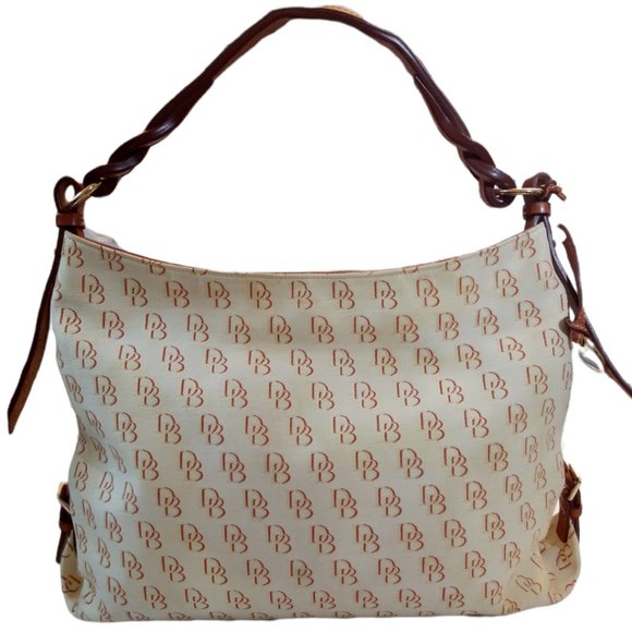 Dooney & Bourke Signature DB Logo Cream Canvas Braided Leather Shoulder Handbag - Picture 3 of 13